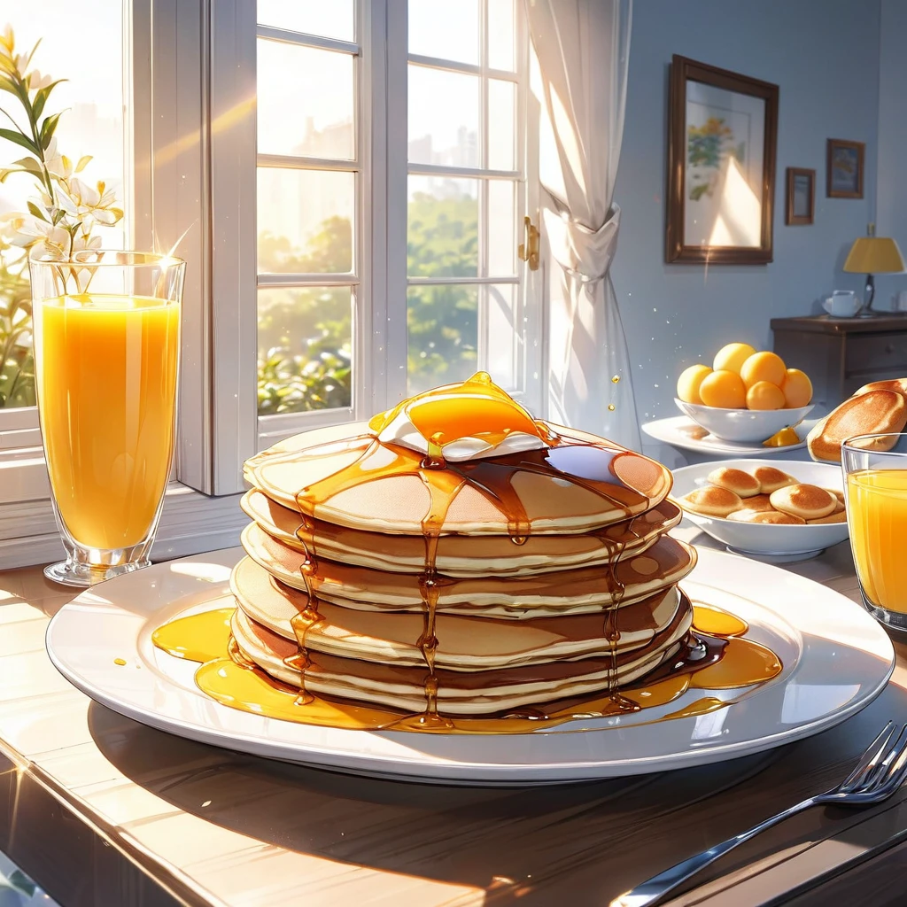 Delicious looking pancakes are displayed on a plate on the table。Orange juice is poured on the side.、Breakfast was ready。The morning sun shines through the window、Beautiful morning living room。BREAK, perfect anatomy, masterpiece, best quality, 16K, beautiful detailed grow, daydreaming expression.