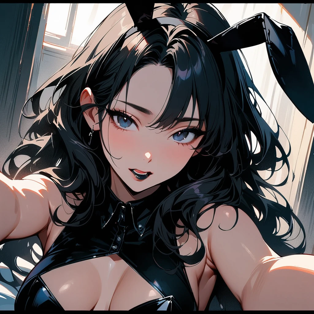 (high quality, 8k, 4K, high contrast, artwork:1.2, high quality, best aesthetics), (dynamic angle), ((1 woman)), erotic, sensual, mature body, super detailed, beautiful face detailed, beautiful eyes detailed, detailed beautiful mouth, sexy body, perfect breats, (long black wavy hair), (black eyes), (sexy expression), (penetrating gaze), (black lipstick), (black eyeliner), (black eyeshadow), (black sleeveless bodycon costume), (black sexy playboy bunny suit), (black bunny ears), (close-up), (focus on face), (centered), (looking at the viewer), (inside a bedroom), (biting the tip of a golden circular coin)