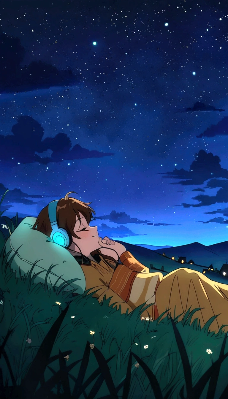 a man laying on a grass field with headphones on, lofi artstyle, makoto shinkai!!, makoto shinkai!, makoto shinkai art style, nightcore, anime movie background, anime background, makoto shinkai cyril rolando, lofi art, night under the starry sky, makoto shinkai style, anime vibes, dreamy night