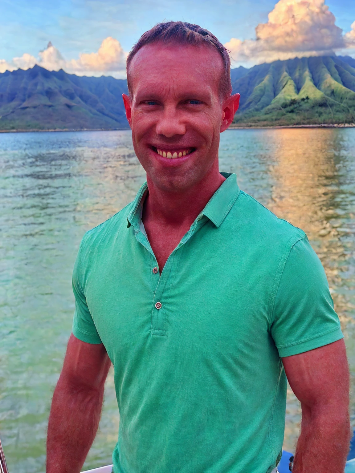 a handsome man, Todder8, Todder1 short hair, perfect facial features, RAW, UHD, 8K, looking at camera, on a yacht at sea, vacation photography, island paradise, colorful unbuttoned Hawaiian shirt showing his stunning muscular chest, photorealistic, dynamic lighting, perfect day, [smiling]