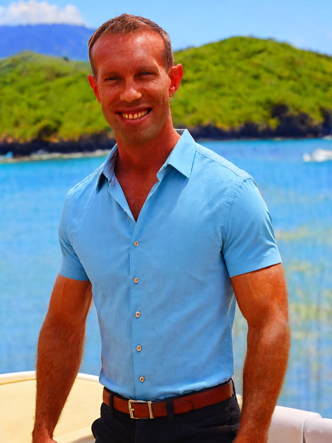 a handsome man, Todder8, Todder1 short hair, perfect facial features, RAW, UHD, 8K, looking at camera, on a yacht at sea, vacation photography, island paradise, colorful unbuttoned Hawaiian shirt showing his stunning muscular chest, photorealistic, dynamic lighting, perfect day, [smiling]