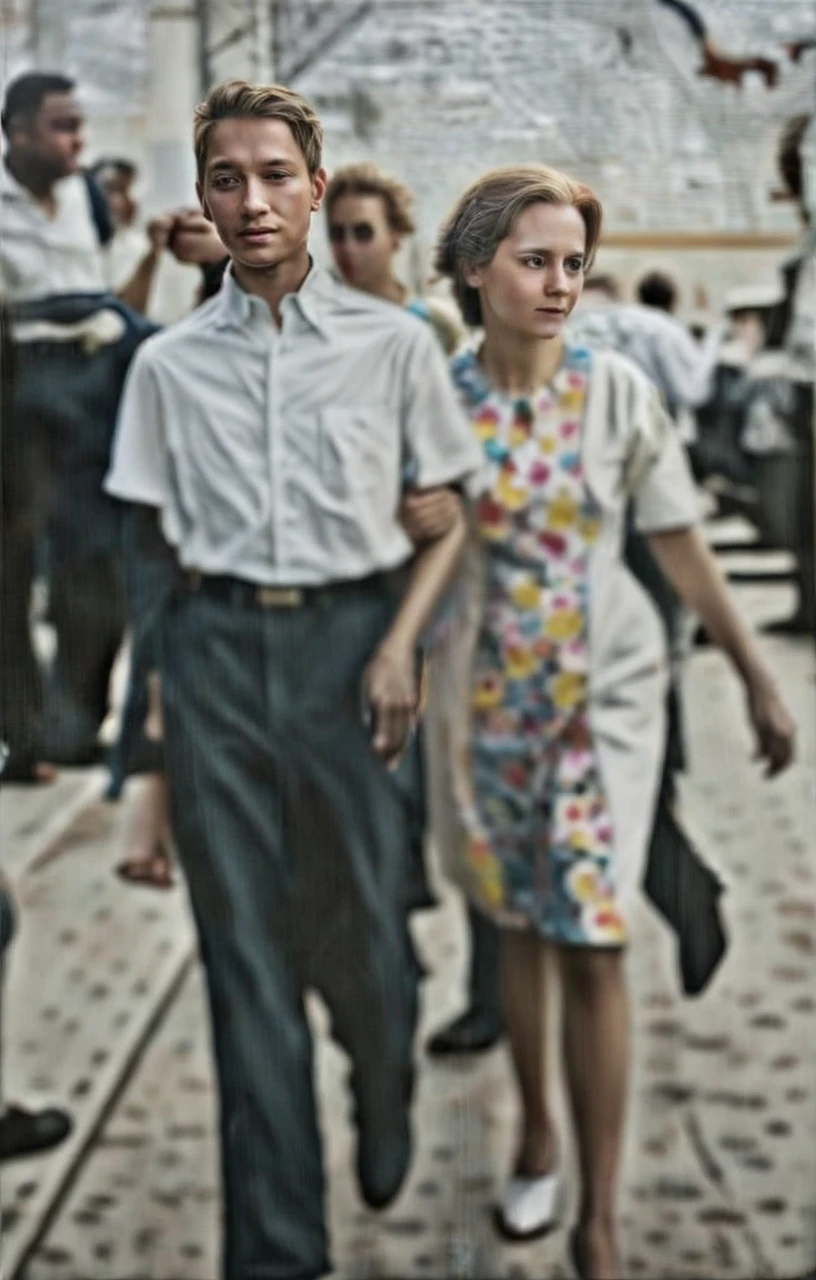 This image depicts a group of people walking on a street, with a focus on a man and woman who are walking closely together.