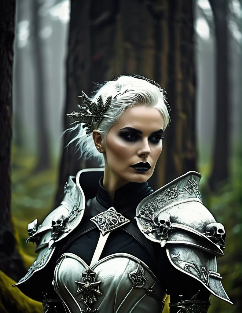 Necromancer. feminine. skull on the belt. Fantasy short White Hair. medieval times. gloomy forest