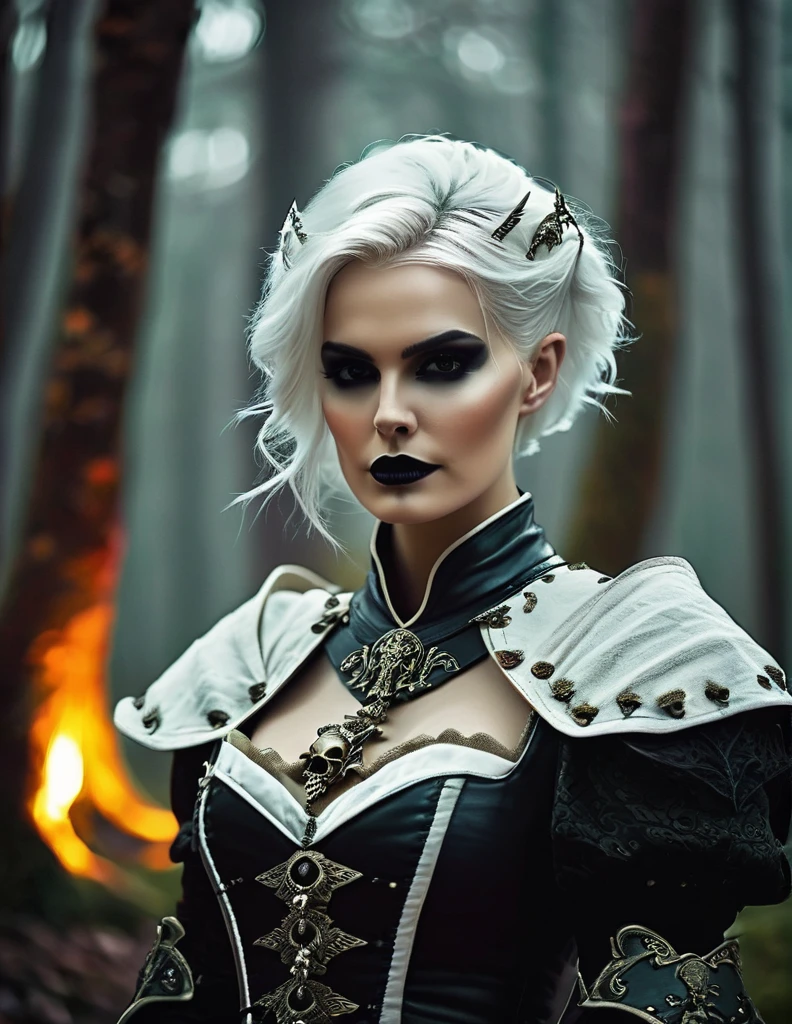 Necromancer. feminine. skull on the belt. Fantasy short White Hair. medieval times. gloomy forest