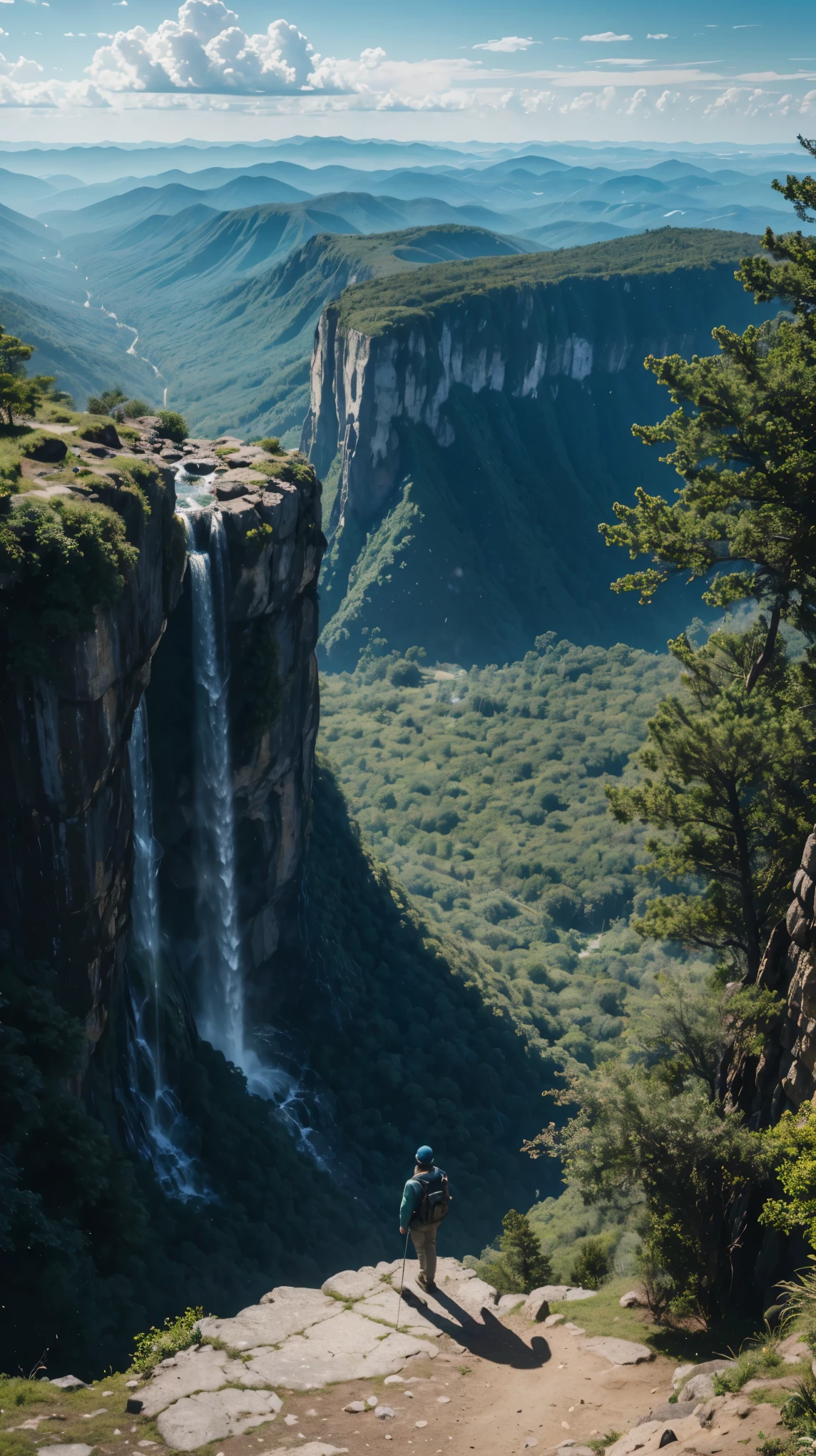 Lone explorer standing at the top of a mountain, looking to the horizon, he is in the top and at the bottom there is a tropical environment with dense forests and waterfalls. Sunlight illuminating one side of the image, casting shadows on trees and rocks on the other. the man is at a high altitude, THE MAN IS AT THE HIGHEST POINT OF THE FIGURE, ADMIRING THE LANDSCAPE BELOW THE MOUNTAIN, there is just ONE MAN, higher relief, is in the center of the image. minimalist, Angelcore, Dripping Paint, ultra wide-angle, Octane rendering, 500px, sprite sheet, psychedelic colors, Green Academia, strobe lighting, 8-bit. absurd res, high res, (masterpiece:1.4), ultra-detailed,