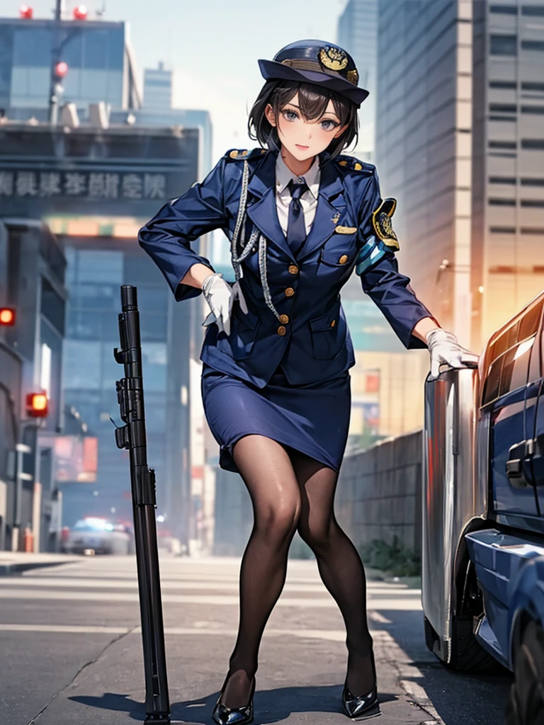 Highest quality、masterpiece、8K、Realistic、超High resolution、Very delicate and beautiful、High resolution、Cinema Lighting、medium range shooting、Perfect female body、Beautiful woman、Mature Woman、Beautiful Eyes、Cityscape、(short hair:1.8、Black Hair)、((Female police officer:1.4、紺色のFemale police officer、Female police officerの制帽、Uniform Buttons、Navy blue tie、Uniform jacket、White gloves))、pantyhose、Pencil Skirt、Stiletto heel pumps、Police Badge、Epaulettes、