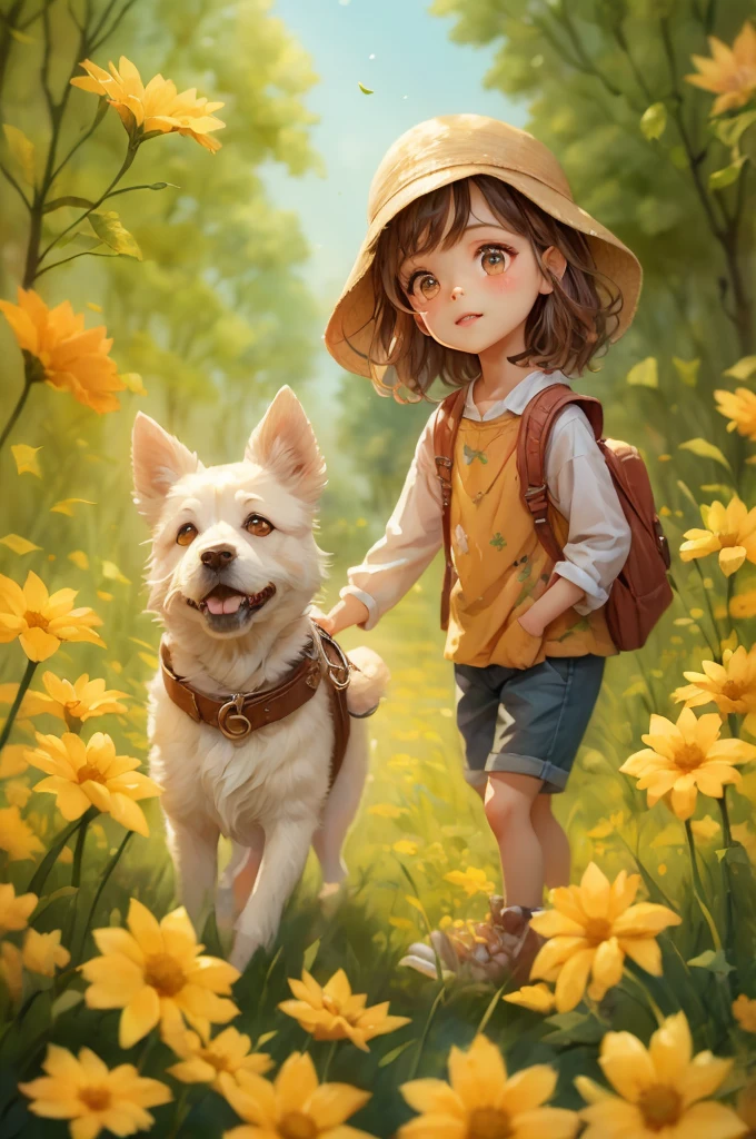 arafed image of a girl and a dog in a field of flowers, adorable digital painting, childrens art in artstation, cute detailed digital art, cute digital art, by Yang J, female explorer mini cute girl, kids book illustration, a beautiful artwork illustration, children book illustration, fanart, by Ni Duan, childrenbook illustration, realistic cute girl painting