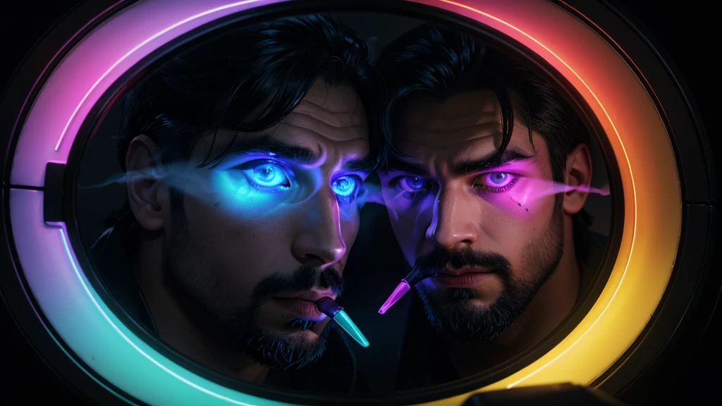 man looks into the mirror and sees his reflection as reaper, neon colors, high detail, long shot, wide shot, 4K, 3D, REALISTIC, (iridescent glow smoke), UHD, 32K, very bold neon colors, black light, neon light