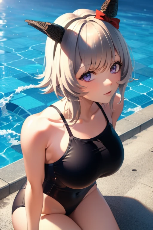 (masterpiece),(Highest quality:1.0), (Ultra-high resolution:1.0), Detailed illustrations, 8K, Pretty face, Swimwear、スクールSwimwear、Pool、Big Breasts