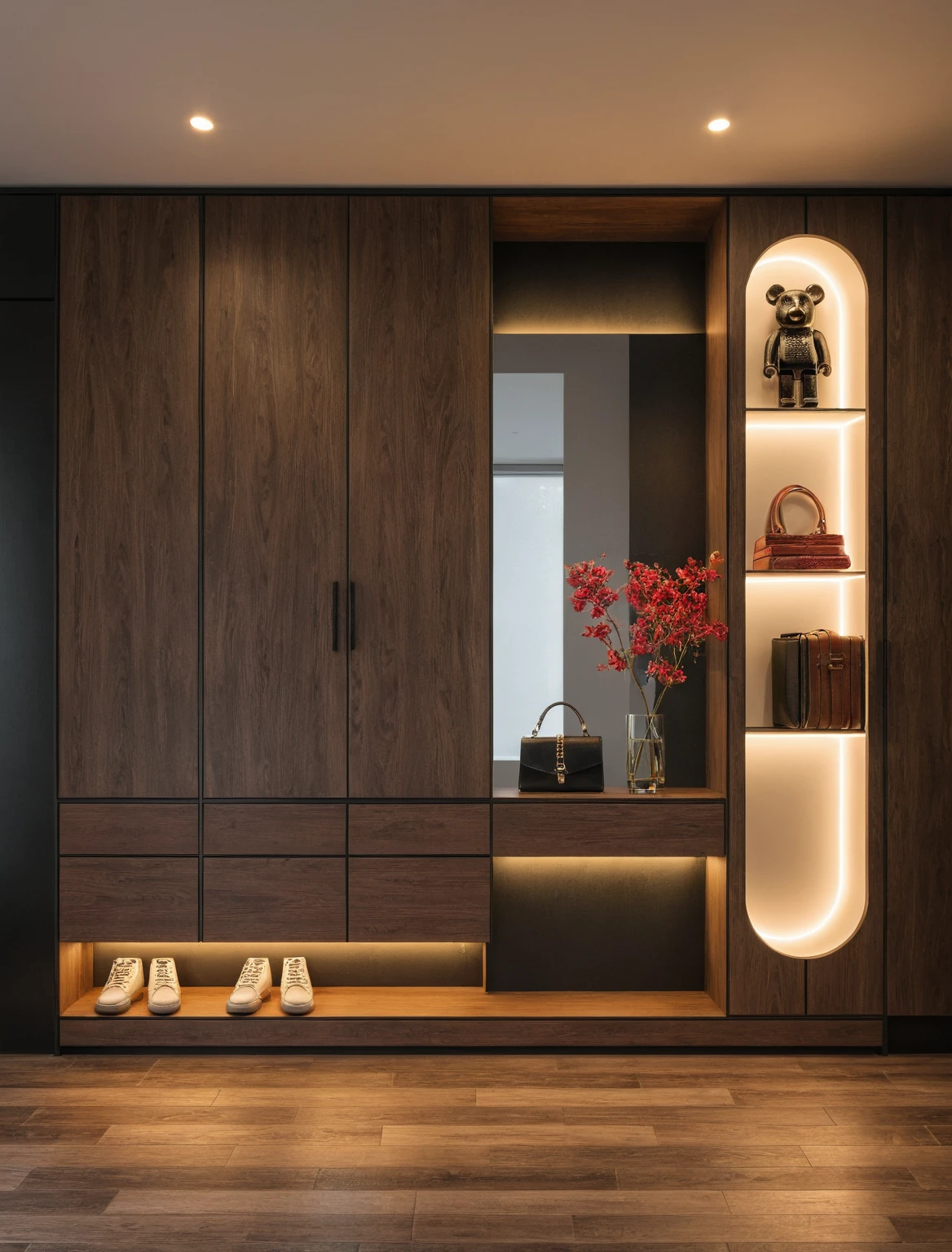 Raw photo,Masterpiece, high quality, best quality, authentic, super detail, interior, shoes Cabinet style modern luxury , sunset, daylight, shoe cabinets, decorative cabinets, flower vases, led lights, ceiling lights, decorations, books, wooden floor, Black glasses, handbags, shoes, bearbrick, mirror, flower vase placed in front of the mirror