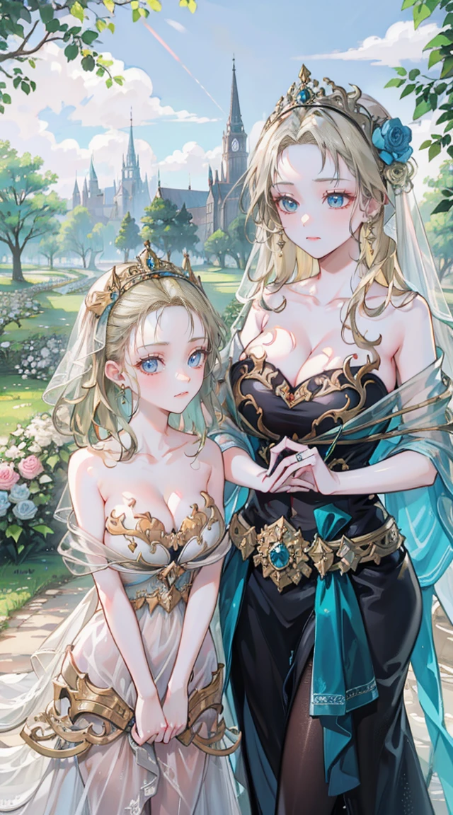 beautiful woman,Folk Girl,blonde with blue eyes,Twist,Wear a strapless wedding dress with no straps.,countryside,countryside,beautiful scenery,European Middle Ages,smile with teeth,forehead,forehead exposed,big tits,rift, (2 young women ,beautiful woman)