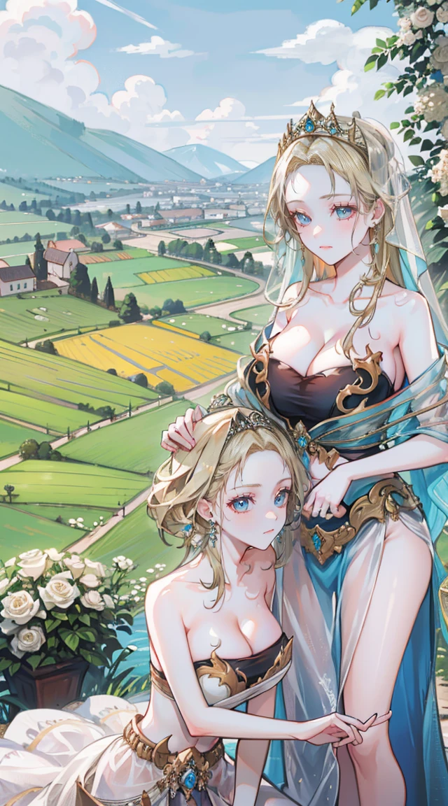 beautiful woman，Folk Girl，blonde with blue eyes，Twist，Wear a strapless wedding dress with no straps.，countryside，countryside，beautiful scenery，European Middle Ages，smile with teeth，forehead，forehead exposed，big tits，rift, (2 young women ,beautiful woman)