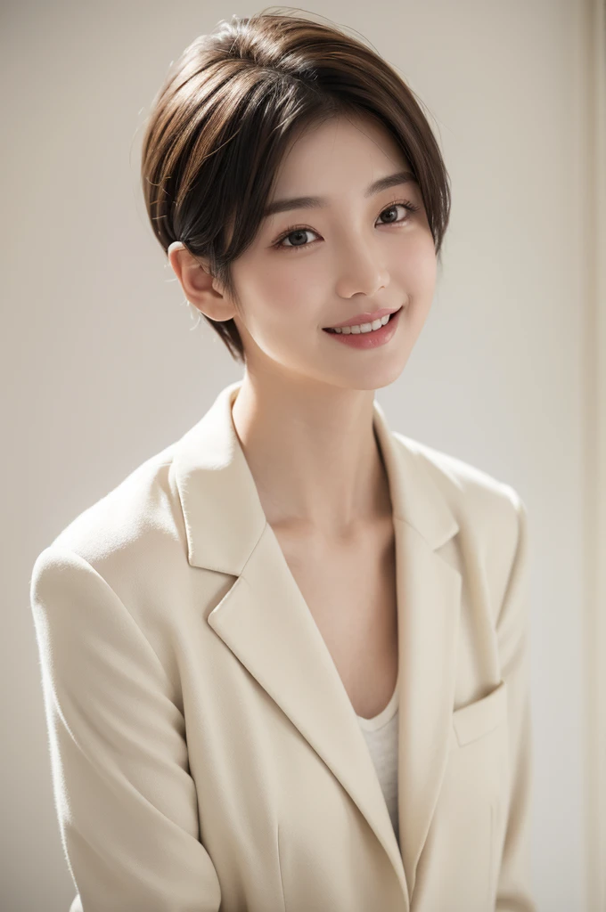 realistic light,natural light,white background,최고 quality、8 thousand、32,000、masterpiece、uhd:1.2) quality, primitive photorealism, laugh, Beautiful girl, cute, Short hair, depth of field, high resolution, ultra detail, Highly detailed eyes and face,small eyes,Short hair,short cut,short hair,Ivory Jacket