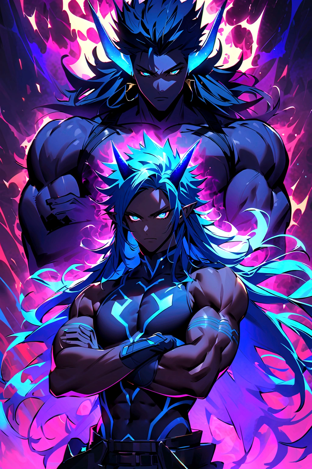 Teenage boy, spiky hair, long hair, bright blue hair, shining blue eyes, dark blue skin, muscular chest, two pairs of blue horns, asas draconicas, tattoos on the body, crossed arms, electric aura