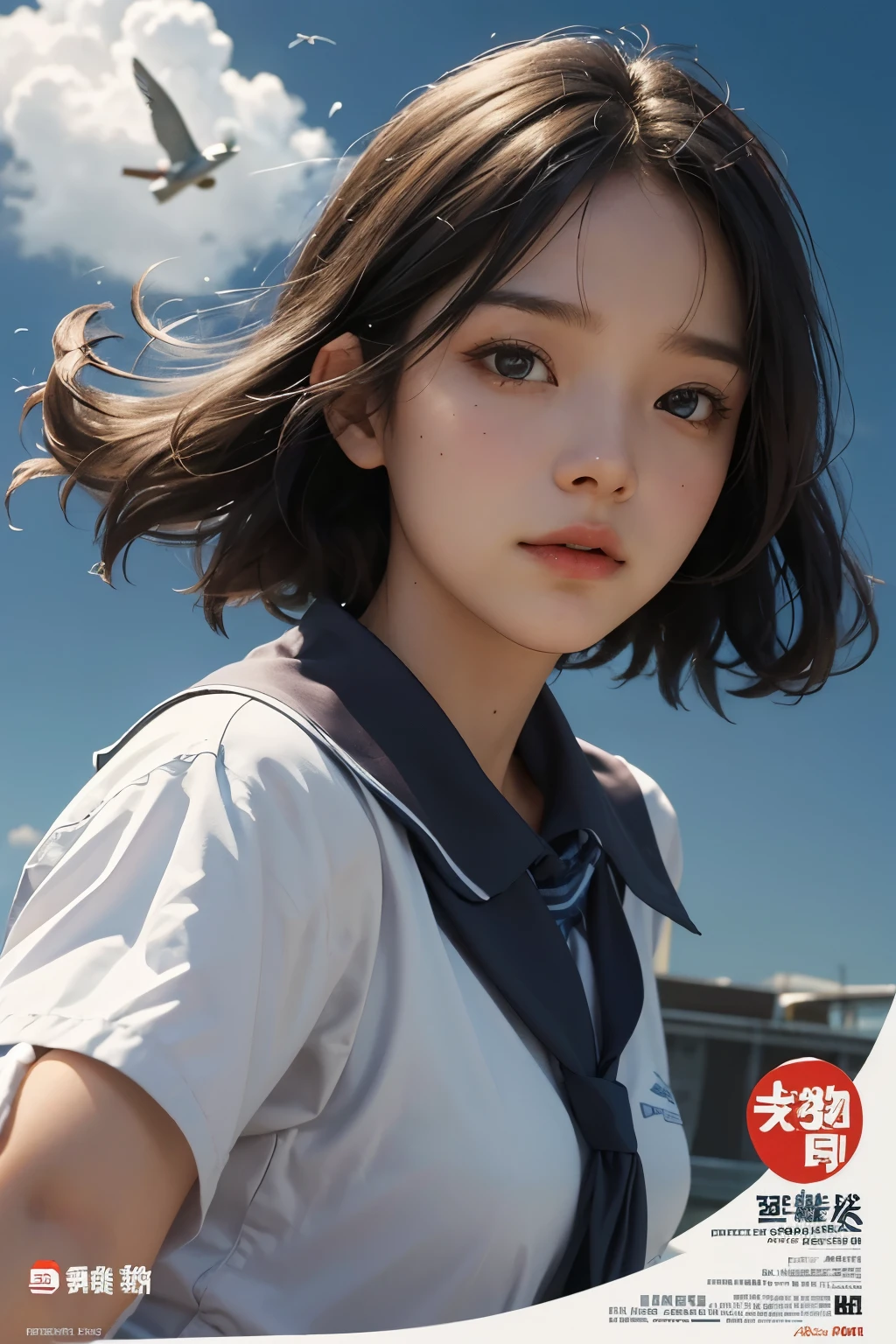 Close-up of poster of a person flying in the sky, movie promotional image, movie poster, Animated Poster Movie Still Portrait, (school uniform),Official Poster, Promotional poster, very - high - budget 영화, The girl is running,