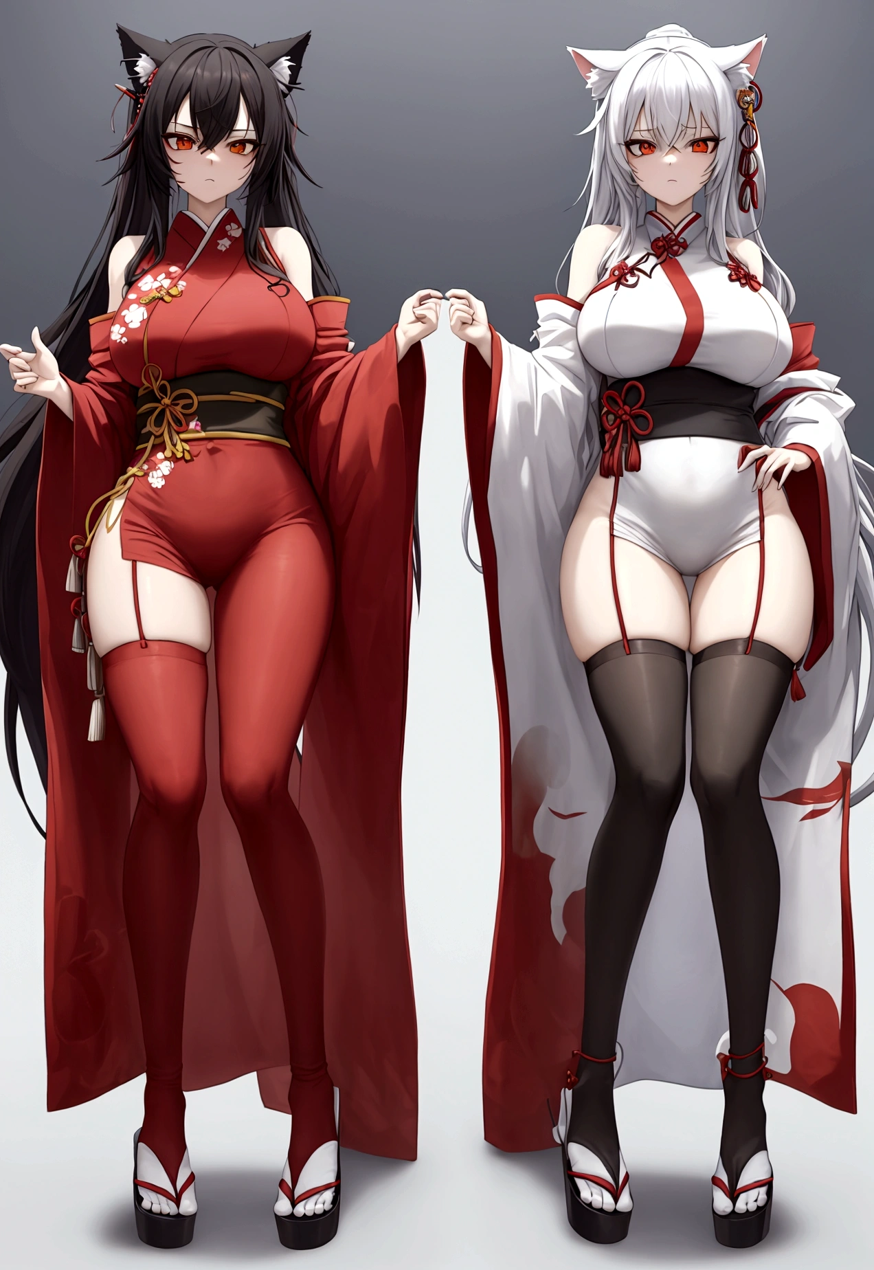Make a full body character with 2D graphics based on current anime 4k-8k The character is 22 years old. Mature body with  and curves. Eyes red, white cat ears, long white hair down to the ankles. Cat's furry tail. The outfit is a mix of traditional Japanese kimono, Qipao chines stylized in a cyberpunk way. The colors of the clothes are predominantly white with details of blood red and gold.. With sock 3/4 black and white, sandalhas ninja estilo cyberpunk.