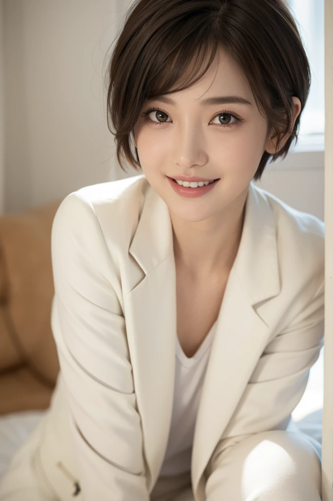 realistic light,natural light,white background,최고 quality、8 thousand、32,000、masterpiece、uhd:1.2) quality, primitive photorealism, laugh, Beautiful girl, cute, Short hair, depth of field, high resolution, ultra detail, Highly detailed eyes and face,small eyes,Short hair,short cut,short hair,Ivory Jacket