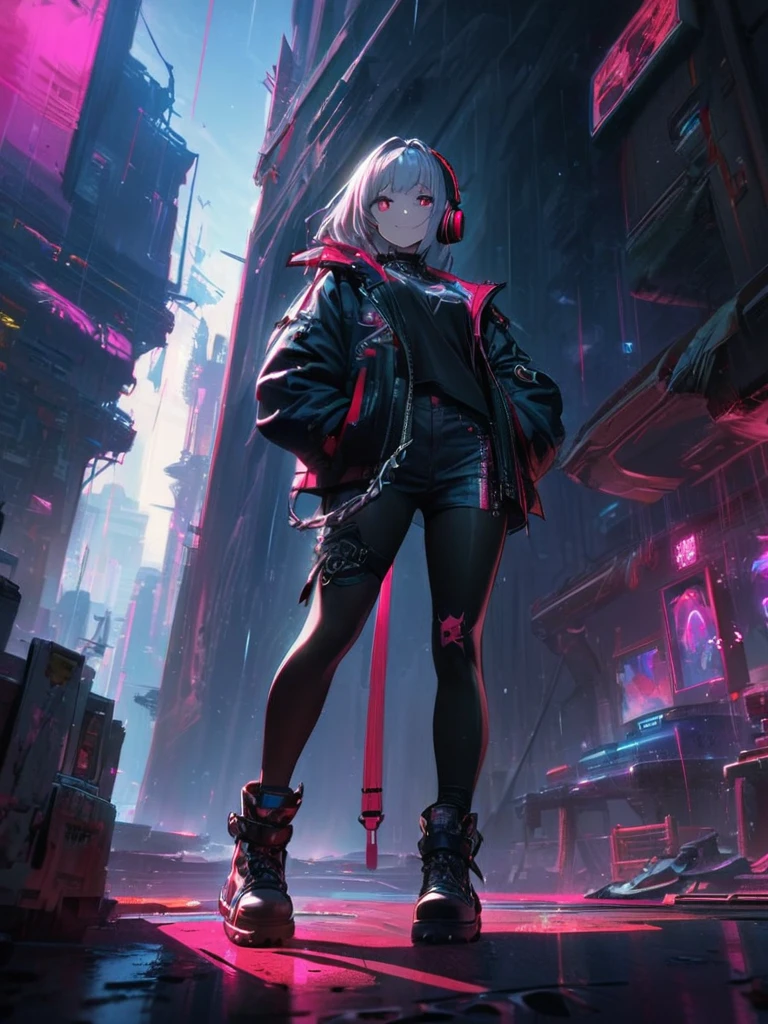 1 Girl, chromatic aberration, Written boundary depth, Soft Light, masterpiece, Highest quality, complicated, Tone Mapping, Very detailed, Art Station, Concept Art, Smooth, Clear focus, Dramatic lighting, Very detailed artwork, movie, super practical painting, Art Station's trending, 8K, Incredible Shadows, practical, (Very detailed background:1.0), whole body, View, Viewers, Very detailed portrait of one girl 1, standing on street corner, Heavy rain and lightning、Dark Sky, neon and cyber punk background, she is dressed in punk clothing with silver chains and silver spikes, Her hair was dyed a bright black color.，The middle part is black, She wears headphones, Detailed red eyes with clear pupils, Ominous aura of light, smile, punk, ciber punk, Backlight.、No knowledge of horses&#39;tail、Wearing a camisole