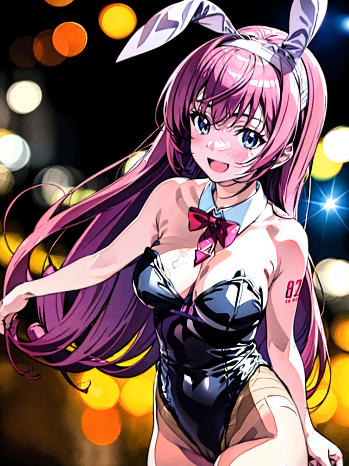crotch,between legs ,smile,open mouth,pleasure,blush,embarrassed,(((low angle))),(best quality, 8k, masterpiece:1.2, nsfw,ultra-detailed,realistic,photorealistic,anime,Soft lighting,Bokeh), megurine_luka\(vocaloid\),1girl,Anime-like beautiful girl,silky smooth and very beautiful skin,very beautiful embarrassed face,Ordinary chest, 5headed body,Skinny type,Not muscular,5This refers to,Manicure is cherry colored, break, Perfectly beautiful figure,Height 162cm,Bust 87cm,Waist 56cm,Hip 85cm, blue eyes, girl, very long hair, purple eyes, long hair, solo, (bangs, pink hair, shining hair, light pink hair, ),official alternate costume, (((bunny leotard))), hair ornament, collarbone, (((casual leotard)), (((black frilled leotard:1.4))),(((ribbon_trimmed leotard,frilled leotard))).