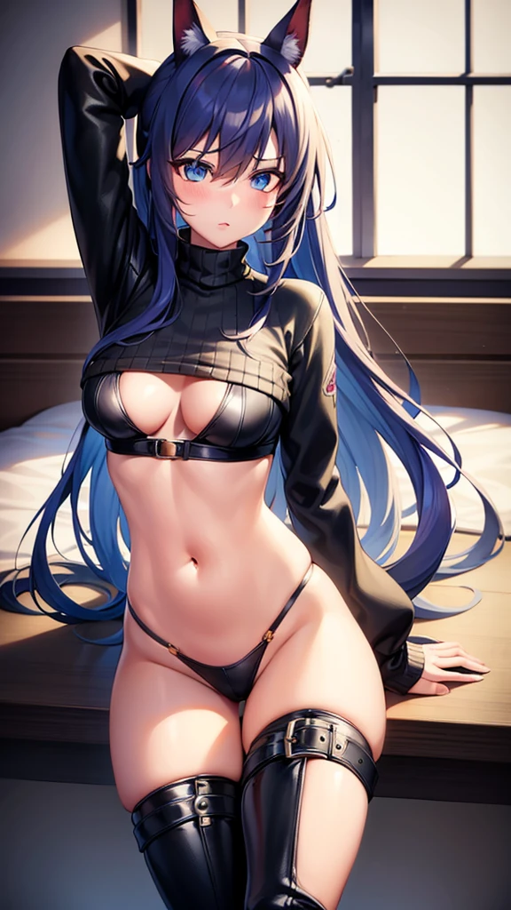 one girl,Janet,brawl stars,slim,horsehair,sweater,thigh high boots,stockings,room,Dominates,high,Blue eyes.