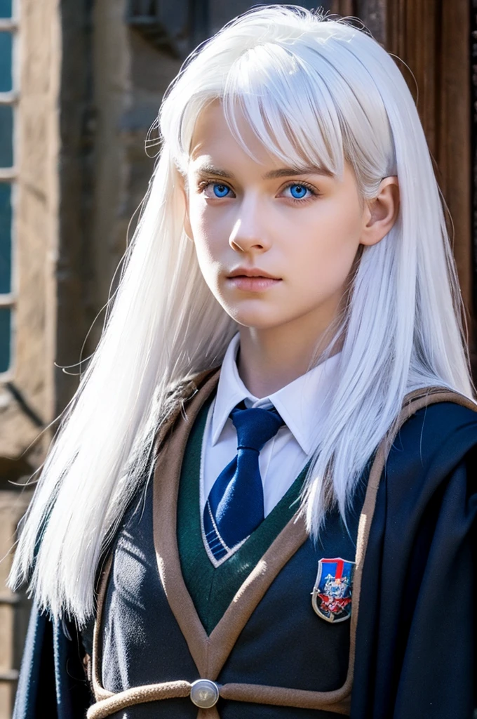 Man,white hair,blue eyes, Hogwarts black uniform
