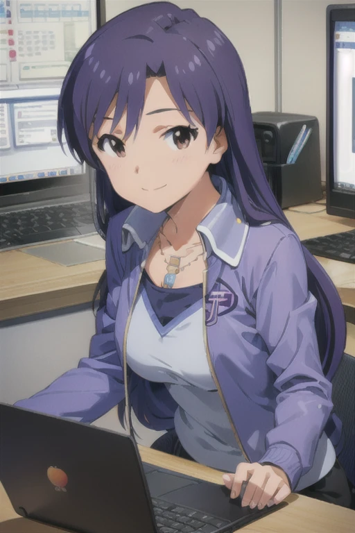 (((pixel-perfect, detail-perfect))), solo, 1girl, chihaya kisaragi, jacket purple, upper body, necklace, looking at viewer, smile, laptop, office