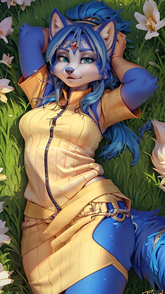 A beautiful and detailed (sweet portrait) wa ((Krystal)), Star Fox Krystal, sslim, lovable, green eyes, medium breasts, (((Long blue hair 1.3))), Decollete, anthro, furry, Uploaded E621, detailed fluffy fur, (wa Fluff-Kevlar, Bayard Wu, Personalami, Pino Daeni), detailed face, (fluffy), 1 girl, alone, sweet girl, ((lies on a meadow:1,3)), looks at the viewer, viewer is above the, Hands over the head, Her whole body can be seen