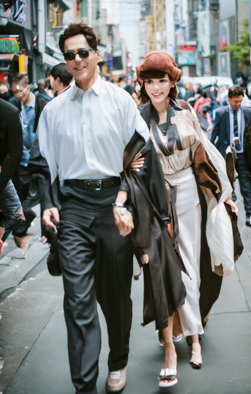 This image depicts a group of people walking on a street, with a focus on a man and woman who are walking closely together.