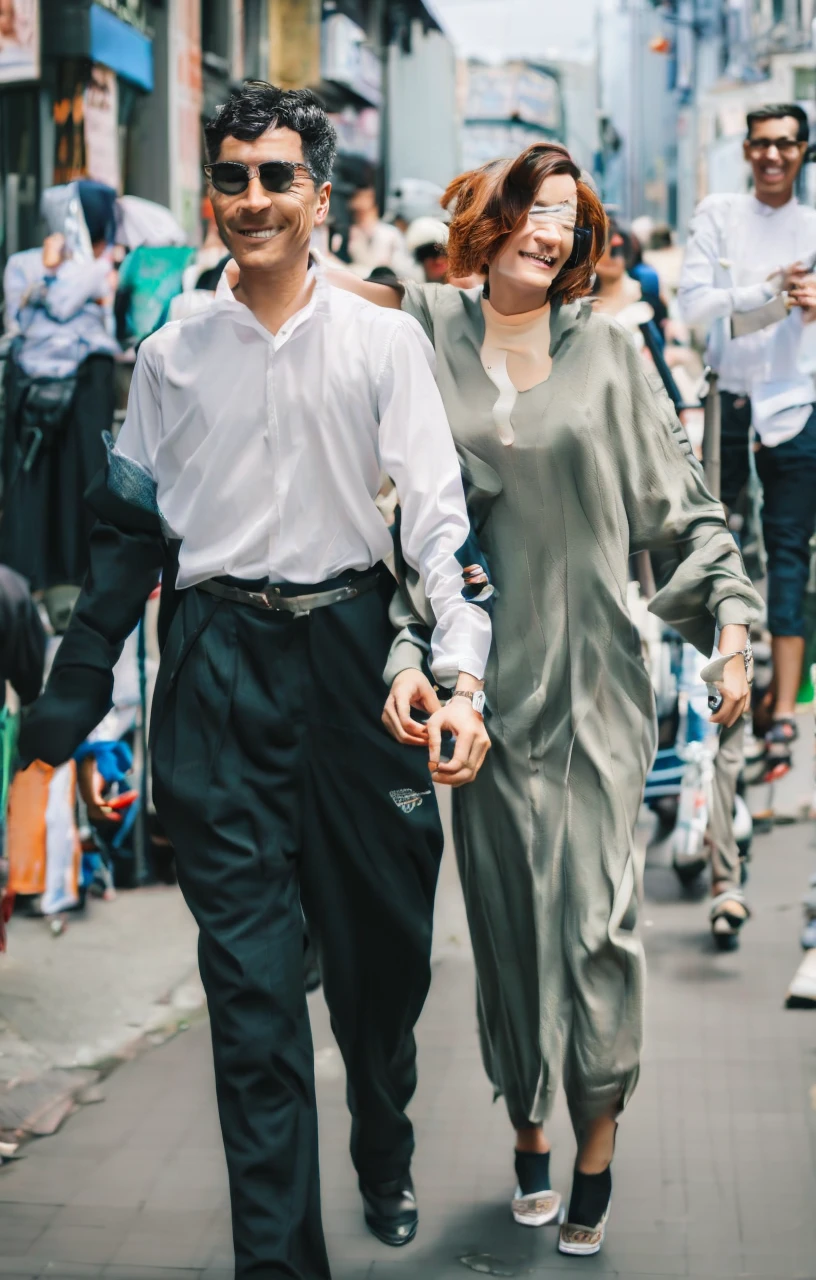 This image depicts a group of people walking on a street, with a focus on a man and woman who are walking closely together.