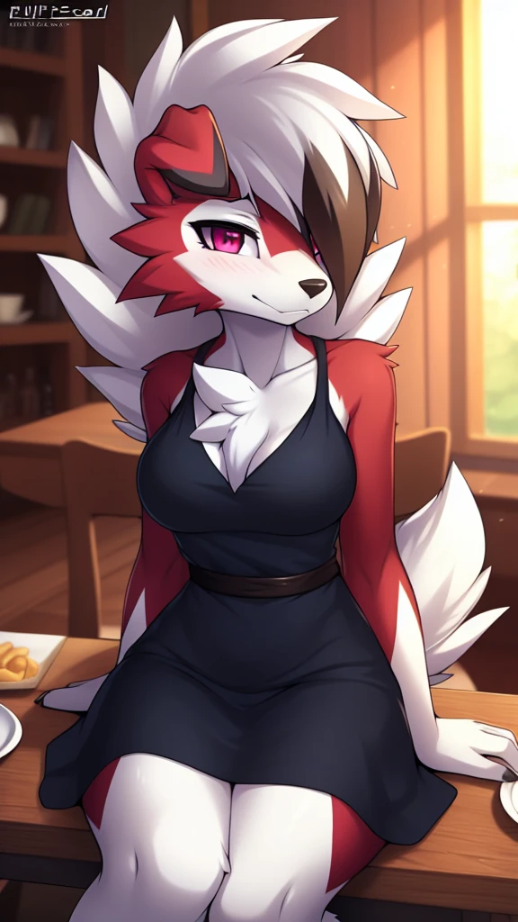 By zinfyu,by twistedscarlet60, uploaded on pixiv, by fluff-kevlar, (masterpiece), (best quality), (solo female:1.2), (extremely detailed:1.3),(detailed eye,black circle on eye,pink eye), lycanroc midnight, view on viewer, close view, shy face, half body on potrait, only body and head, close view, wearing black dress,in dining room,food,sitting, table, (tail:1.1), closeup photo of lycanroc, adult body posture, has flower on her hair