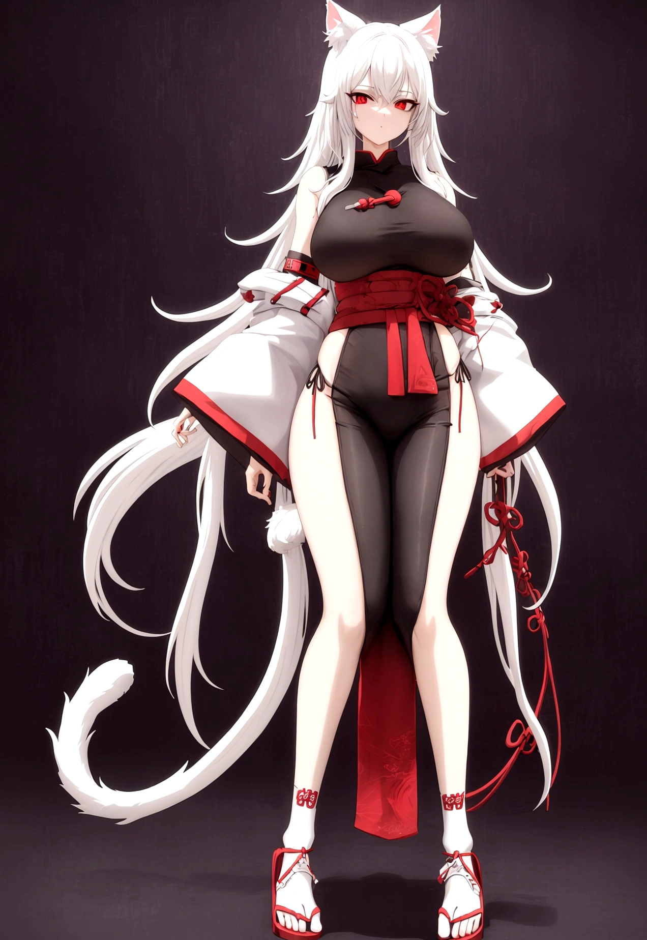 Make a full body character with 2D graphics based on current anime 4k-8k The character is 22 years old. Mature body with big breasts and curves. Eyes red, white cat ears, long white hair down to the ankles. Cat&#39;s furry tail. The outfit is a mix of traditional Japanese kimono, Qipao chines stylized in a cyberpunk way. The colors of the clothes are predominantly white with details of blood red and gold.. With sock 3/4 black and white, sandalhas ninja estilo cyberpunk.