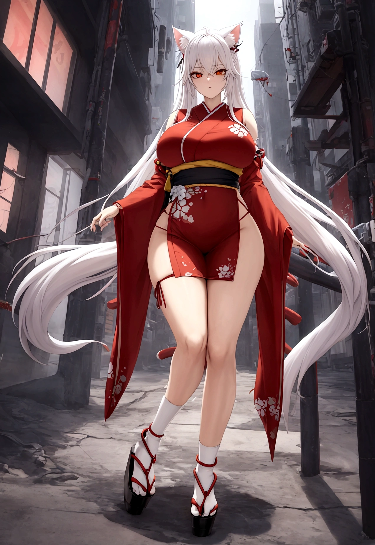 Make a full body character with 2D graphics based on current anime 4k-8k The character is 22 years old. Mature body with big breasts and curves. Eyes red, white cat ears, long white hair down to the ankles. Cat's furry tail. The outfit is a mix of traditional Japanese kimono, Qipao chines stylized in a cyberpunk way. The colors of the clothes are predominantly white with details of blood red and gold.. With sock 3/4 black and white, sandalhas ninja estilo cyberpunk.