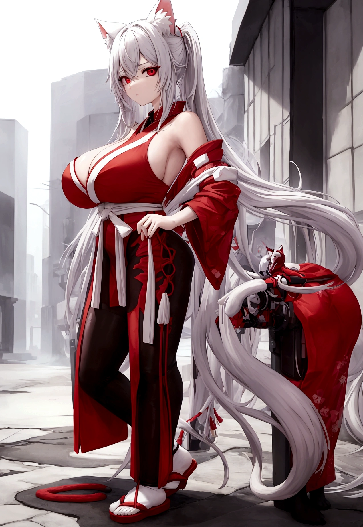 Make a full body character with 2D graphics based on current anime 4k-8k The character is 22 years old. Mature body with big breasts and curves. Eyes red, white cat ears, long white hair down to the ankles. Cat&#39;s furry tail. The outfit is a mix of traditional Japanese kimono, Qipao chines stylized in a cyberpunk way. The colors of the clothes are predominantly white with details of blood red and gold.. With sock 3/4 black and white, sandalhas ninja estilo cyberpunk.