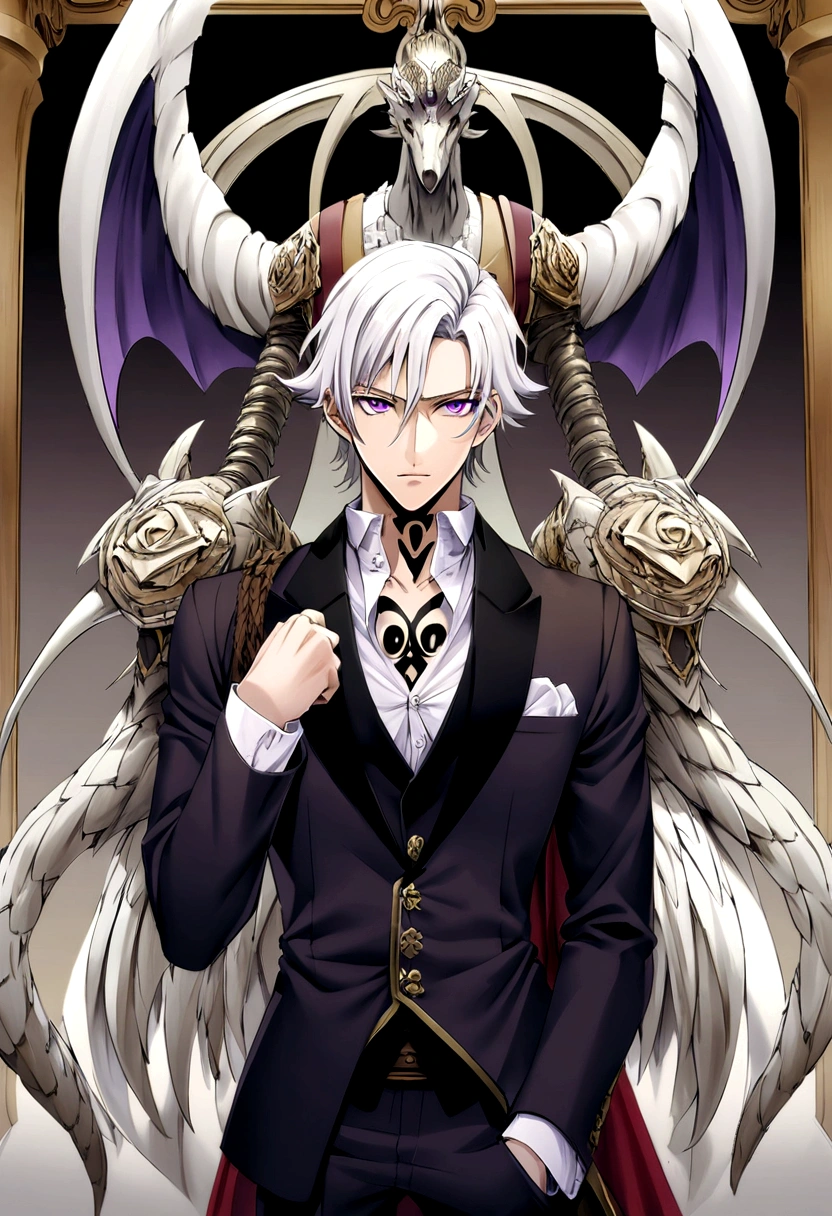 
*one-piece anime style, male, white hair, purple eyes, short hair, handsome, pirate captain, on neck-black-tattoo-rose-and-dragon form, suit, freedom lmage, noble image, dark power, calm hair*