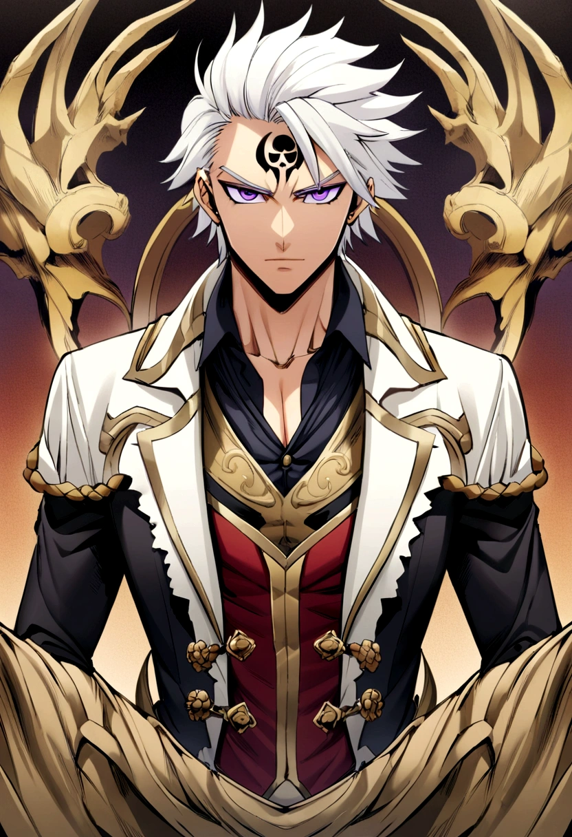 *one-piece anime style, male, white hair, purple eyes, short hair, handsome, pirate captain, on neck-black-tattoo-rose-and-dragon form, suit, freedom lmage, noble image, dark power, calm hair*