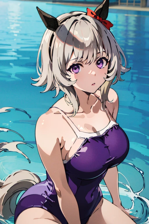 (masterpiece),(Highest quality:1.0), (Ultra-high resolution:1.0), Detailed illustrations, 8K, Pretty face, Swimwear、スクールSwimwear、Pool、Big Breasts