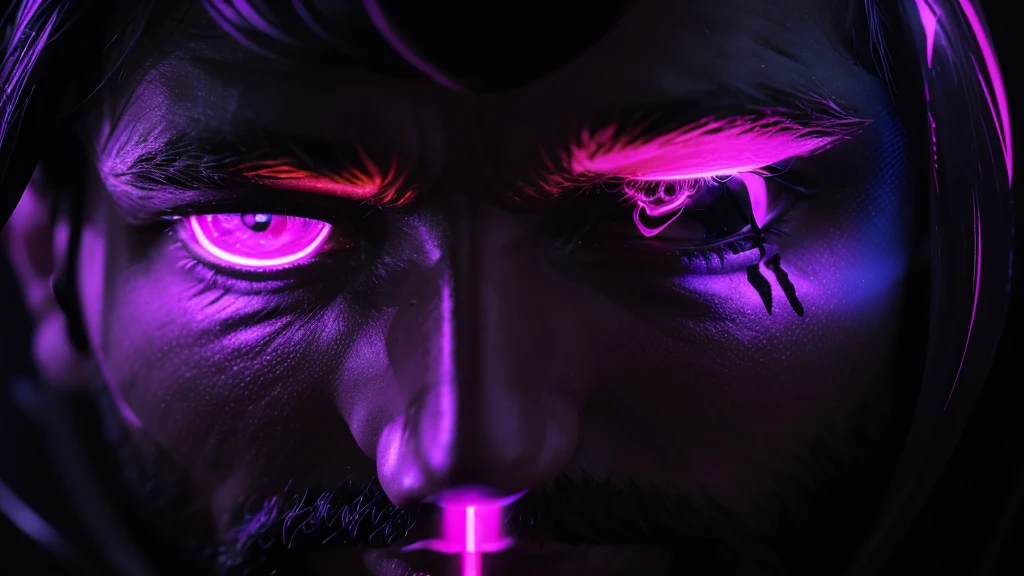 man looks into the mirror and see himself as reaper, neon colors, high detail, long shot, wide shot, 4K, 3D, REALISTIC, (iridescent glow smoke), UHD, 32K, very bold neon colors, black light, neon light