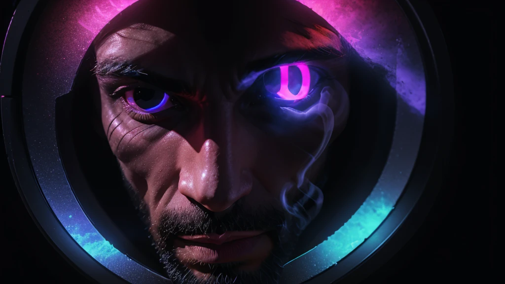 man looks into the mirror and see himself as reaper, neon colors, high detail, long shot, wide shot, 4K, 3D, REALISTIC, (iridescent glow smoke), UHD, 32K, very bold neon colors, black light, neon light