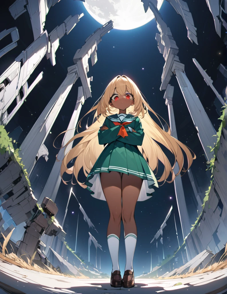 Highest quality, masterpiece, Ultra-high resolution, One girl,
blondes、Smooth Hair、Two-tone hair、Bobcut、Red Eyes、Sparkling Eyes、Detailed eyes、Slanted Eyes、Tanned, wheat-colored skin、Brown Skin、Traditional deep green sailor suit、White socks、loafers、whole body、Low - Angle、Fanning angles、Fantastic scene、Standing with your legs apart、Arms crossed、Confident expression、The full moon appears to be the same size as the large white body、A ruined world、White Moon、Fantastic space、Perfect proportions
