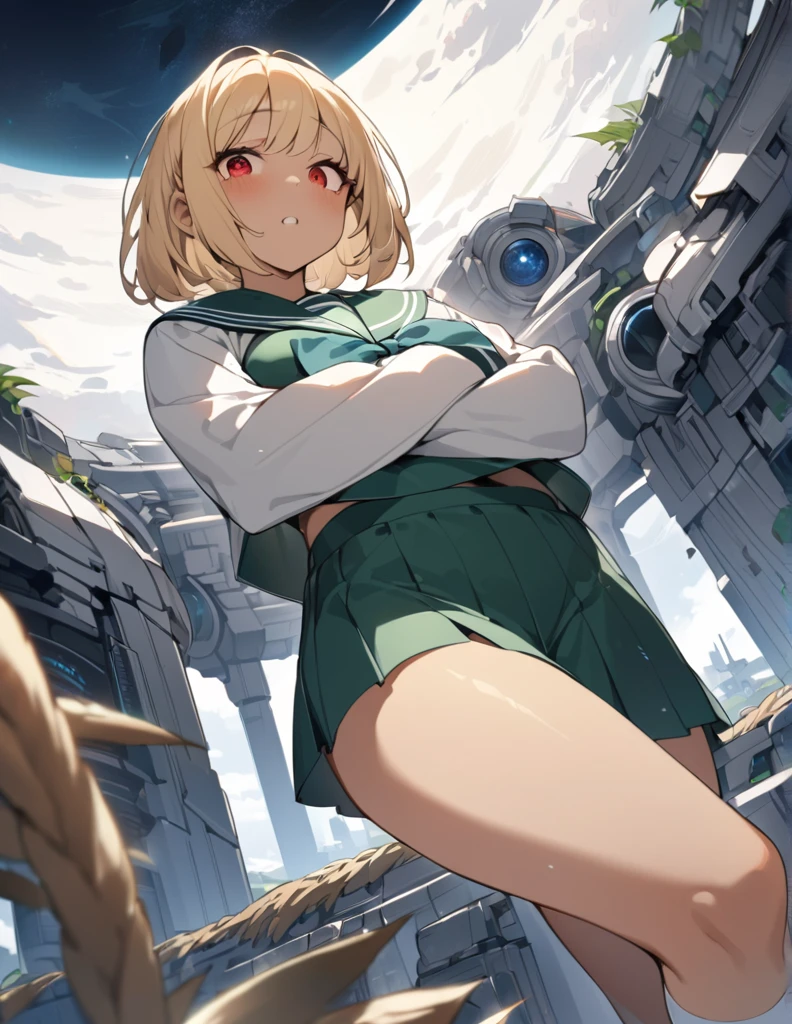 Highest quality, masterpiece, Ultra-high resolution, One girl,
blondes、Smooth Hair、Two-tone hair、Bobcut、Red Eyes、Sparkling Eyes、Detailed eyes、Slanted Eyes、Tanned, wheat-colored skin、Brown Skin、Traditional deep green sailor suit、White socks、loafers、whole body、Low - Angle、Fanning angles、Fantastic scene、Standing with your legs apart、Arms crossed、Confident expression、The full moon appears to be the same size as the large white body、A ruined world、White Moon、Fantastic space、Perfect proportions