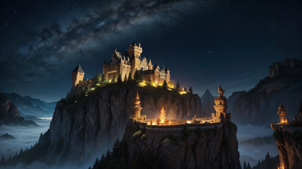 In a distant kingdom, on top of a rugged mountain, stands an immense castle carved into a cliff. Behind the castle, a mountain range stretches, and at the top of the tallest mountain, resides a red crystal dragon. Its shiny scales reflect light like rubies, and it guards a cave adorned with crystals and ancient treasures. At night, the mountain and castle are lit by magical torches. The dragon, wise and powerful, protects the kingdom, flying over the castle and ensuring peace. The inhabitants revere the dragon, holding festivals in its honor and seeking guidance from it. This setting combines the majesty of nature with the grandeur of architecture, creating a world of magic and beauty.