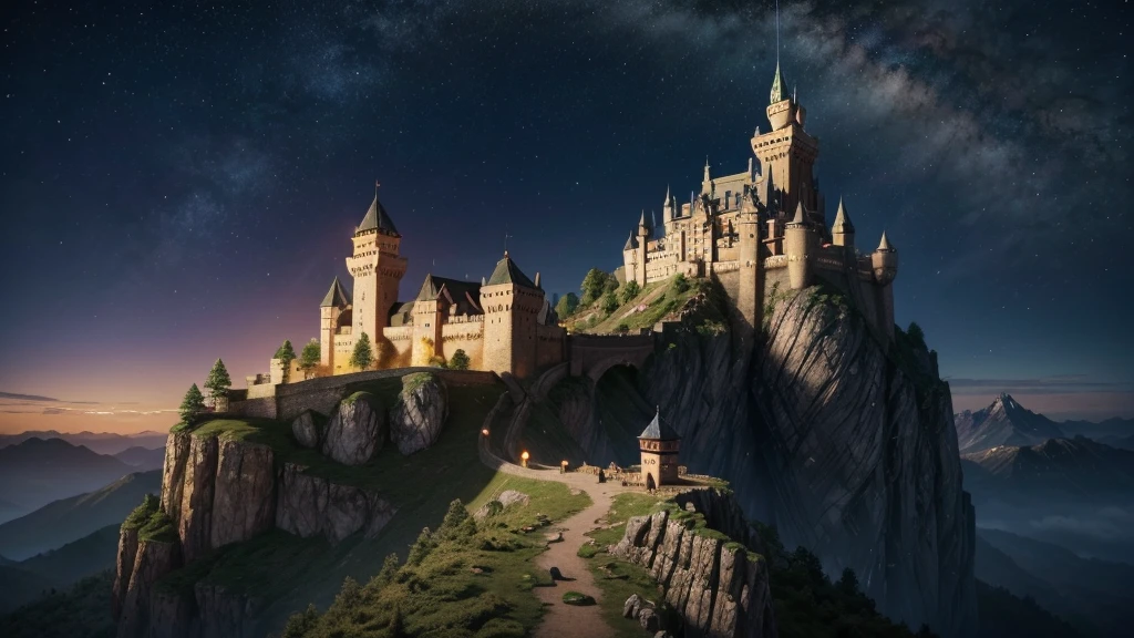 In a distant kingdom, on top of a rugged mountain, stands an immense castle carved into a cliff. Behind the castle, a mountain range stretches, and at the top of the tallest mountain, resides a red crystal dragon. Its shiny scales reflect light like rubies, and it guards a cave adorned with crystals and ancient treasures. At night, the mountain and castle are lit by magical torches. The dragon, wise and powerful, protects the kingdom, flying over the castle and ensuring peace. The inhabitants revere the dragon, holding festivals in its honor and seeking guidance from it. This setting combines the majesty of nature with the grandeur of architecture, creating a world of magic and beauty.