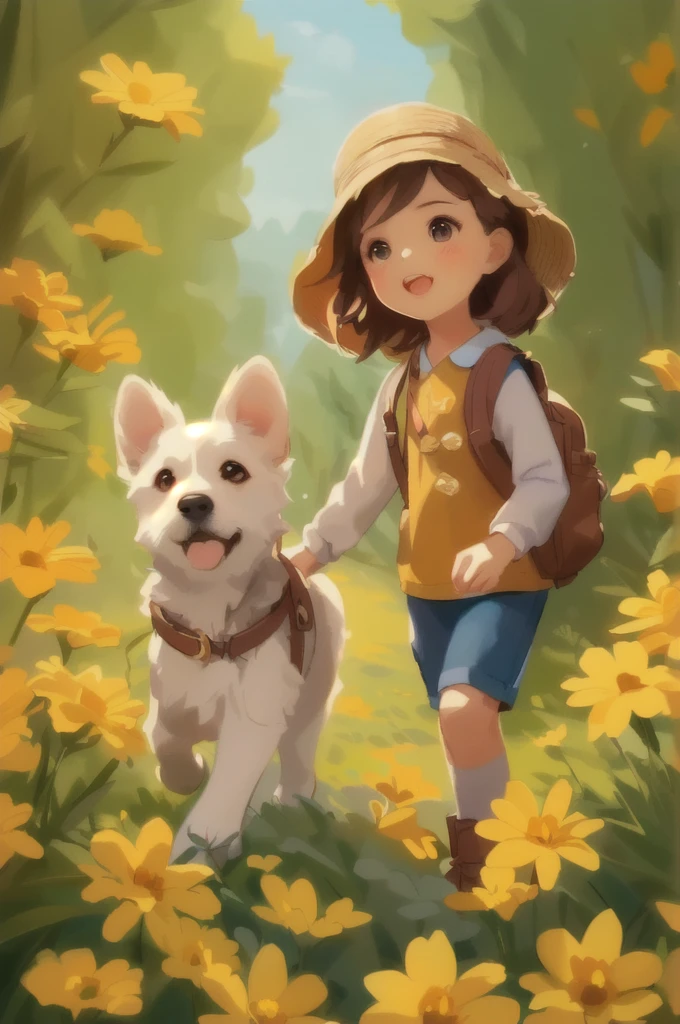 arafed image of a girl and a dog in a field of flowers, adorable digital painting, childrens art in artstation, cute detailed digital art, cute digital art, by Yang J, female explorer mini cute girl, kids book illustration, a beautiful artwork illustration, children book illustration, fanart, by Ni Duan, childrenbook illustration, realistic cute girl painting