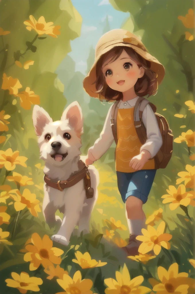 arafed image of a girl and a dog in a field of flowers, adorable digital painting, rens art in artstation, cute detailed digital art, cute digital art, by Yang J, female explorer mini cute girl, kids k illustration, a beautiful artwork illustration, children illustration, fanart, by Ni Duan, childrenbook tration, realistic cute girl painting