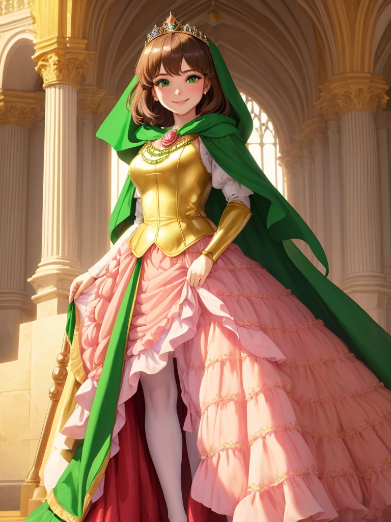 masterpiece, best quality:1.2), 1girl, smile, looking at viewer, green eyes, short brown hair, princess, princess dress, wearing puffy pink ballgown reaching the floor, green cloak cape, golden tiara with veil, standing in ballroom of medieval castle
