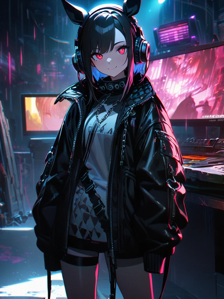 1 Girl, chromatic aberration, Written boundary depth, Soft Light, masterpiece, Highest quality, complicated, Tone Mapping, Very detailed, Art Station, Concept Art, Smooth, Clear focus, Dramatic lighting, Very detailed artwork, movie, super practical painting, Art Station's trending, 8K, Incredible Shadows, practical, (Very detailed background:1.0), whole body, View, Viewers, Very detailed portrait of one girl 1, standing on street corner, Heavy rain and lightning、Dark Sky, neon and cyber punk background, she is dressed in punk clothing with silver chains and silver spikes, Her hair was dyed a bright black color.，The middle part is black, She wears headphones, Detailed red eyes with clear pupils, Ominous aura of light, smile, punk, ciber punk, Backlight.Has horse ears、No knowledge of horses&#39;tail、