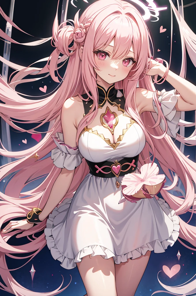 solo, 1girl, mature anime female, light pink hair, long hair, dark pink eyes, subtle blush, love goddess, sundress, innocent smile, heart-shaped halo behind head