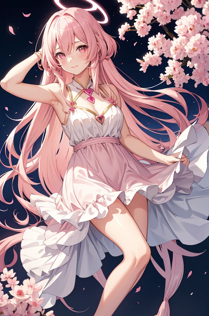 solo, 1girl, mature anime female, light pink hair, long hair, dark pink eyes, subtle blush, love goddess, sundress, innocent smile, heart-shaped halo behind head