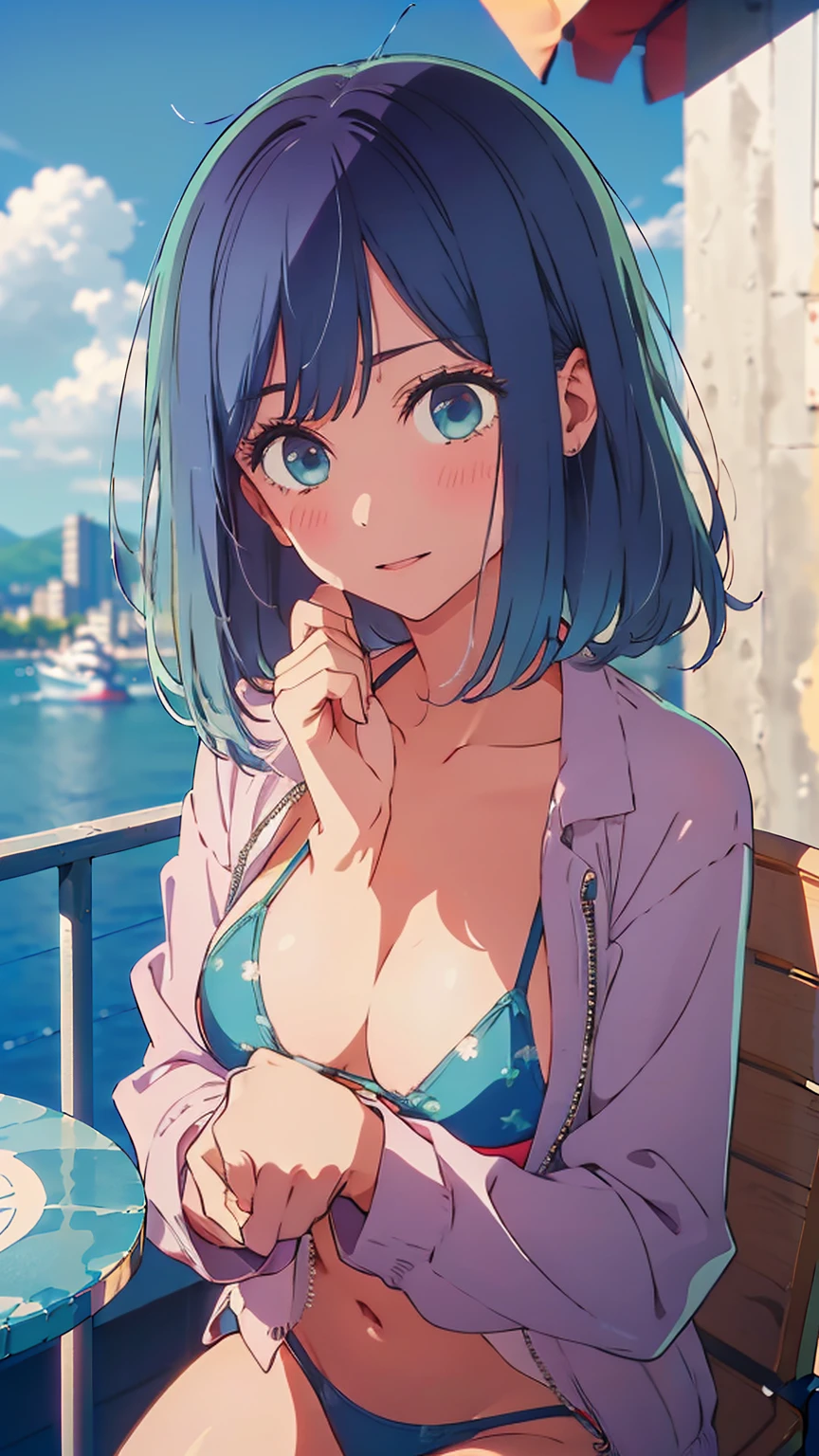 (Highest quality:1.4、masterpiece:1.4、Super detailed:1.4、8K:1.4)、F cup bust、Big Breasts、Slim body、((((1 person、Surprised expression、sit、Chair、In the background are the urban buildings of Tokyo、looking at the camera、Outdoor café terrace、coastal、Navy hair color、juice、table、Very cute face))))、(Pose of putting hair behind ears with hands:1.4、Cheek resting on hand:1.4）、((nude、Areola、bikini、Jacket))、Very blue sky、A completely cloudless sky、Big eyes、((((Shallow depth of field))))、Pink Lips