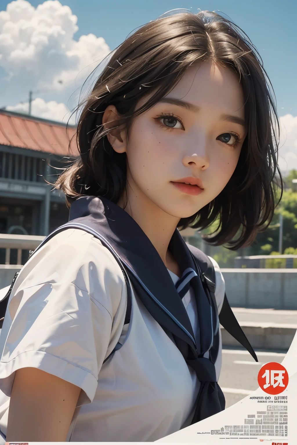 Close-up of poster of a person flying in the sky, movie promotional image, movie poster, Animated Poster Movie Still Portrait, (school uniform),Official Poster, Promotional poster, very - high - budget 영화, The girl is running,
